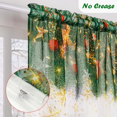 Vista 4 de FRAMICS Cortinas traslúcidas de Navidad para ventana, patrón de copos de nieve de estrellas, 2 paneles de gasa semitransparente, bolsillo para barra