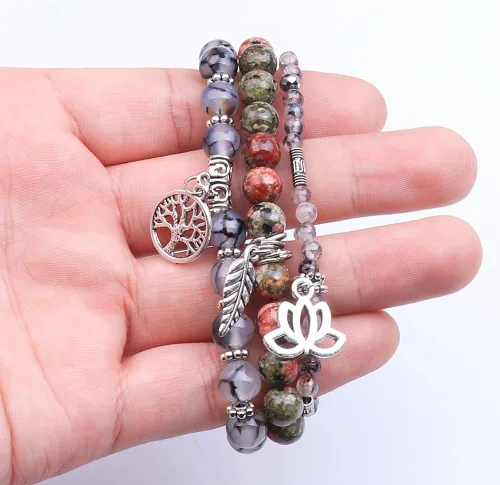 Vista 4 de UEUC - Pulseras Reiki, apilables, de piedras curativas, cristales, con dije del árbol de la vida, yoga y hoja de loto, contra la ansiedad