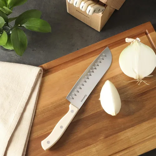 Vista 7 de Kenmore Kane - Juego de 14 cuchillos de cocina de acero inoxidable, asas ABS de triple remache, blanco crema, para chef, pan, utilidad, pelar