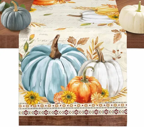 Vista 14 de Juego de 4 manteles individuales de otoño con diseño de calabaza azul, hojas florales, manteles individuales de otoño, lavables, cosecha, Acción