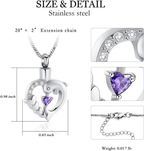 Vista 14 de Yinplsmemory Collar de urna de corazón de delfín para cenizas para mujer, colgante de urna de corazón de cristal, collar de recuerdo de cenizas