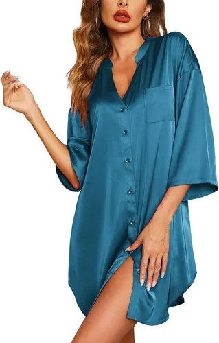 Vista 18 de Ekouaer Camisones de satén para mujer, ropa de dormir de seda con botones, manga 3/4, cuello en V, con bolsillos 01 Negro