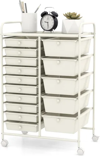 Vista 28 de DREAMADE Carrito de almacenamiento con ruedas de 15 cajones, carrito de manualidades móvil con ruedas con cerradura, cajones de plástico extraíbles