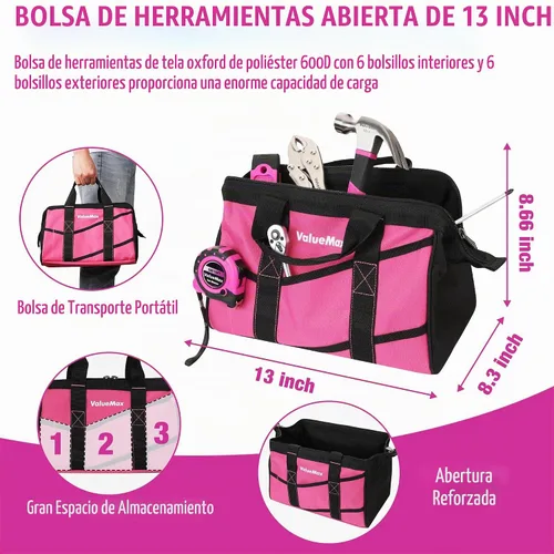 Vista 7 de ValueMax - Kit de herramientas rosadas, juego de herramientas de reparación del hogar de 218 piezas