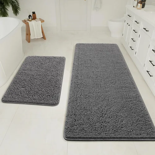 Vista 8 de LOCHAS Juego de 2 alfombras de baño de 17 x 24 pulgadas más 20 x 32 pulgadas de grosor, antideslizantes, alfombra de baño de felpilla suave y Negro