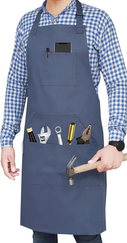Vista 10 de RUVANTI Delantales de trabajo para hombres y mujeres con bolsillos, ajustables hasta XXL, durabilidad de grado profesional, delantal negro