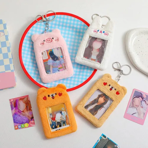 Vista 2 de Kpop - Soporte para tarjeta fotográfica con llavero Y2K Kawaii de peluche de animales de dibujos animados, funda para fotos de ídolo coreano, funda