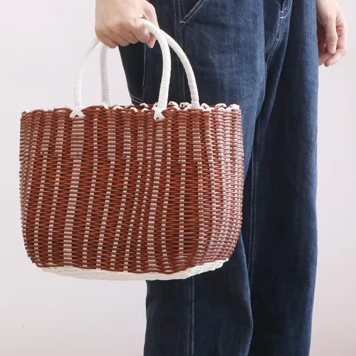 Vista 6 de Cabilock Cesta de plástico para mujer, bolsa de playa para mujer, 1 unidad, organizador de tejido, bolsa de compras, compras para comestibles Kahki