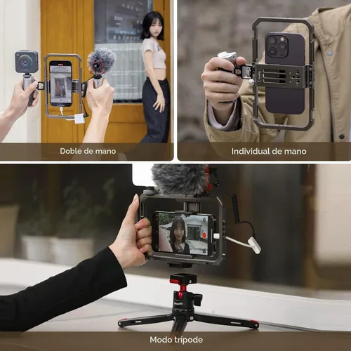 Vista 5 de SmallRig Kit universal todo en uno de aparejo de video para teléfono, con asas de control inalámbrico, soporte para banco de energía, trípode
