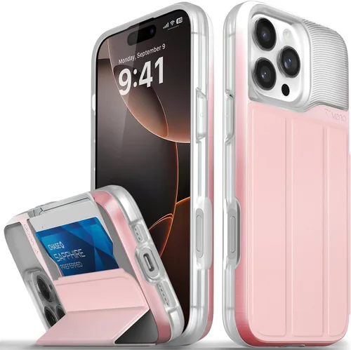 Vista 24 de VENA vCommute - Funda tipo cartera para iPhone 15, [protección contra caídas de grado militar] Funda de cuero con ranura para tarjetas con soporte
