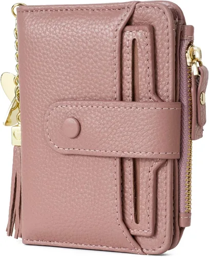 Vista 3 de Mini cartera plegable de cuero suave con protección RFID, para mujer, con funda para tarjeta, con ventana de identificación, monedero