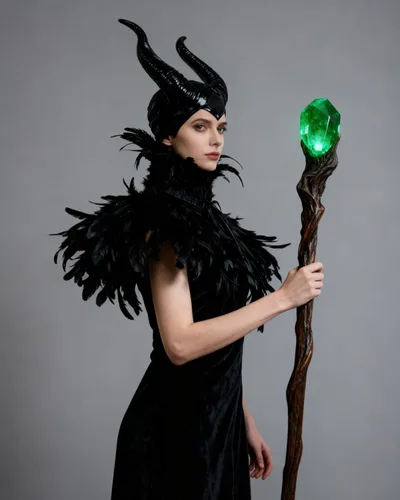 Vista 3 de L'VOW chal gótico con plumas negras y cuernos de Maleficent, disfraz de cuervo para Halloween