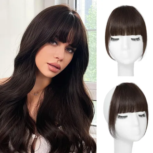 Vista 9 de YBYMCAI Flequillo con clip - Flequillo de pelo humano real, flequillo marrón negro, flequillo falso, flequillo de pelo humano, flequillo tenue