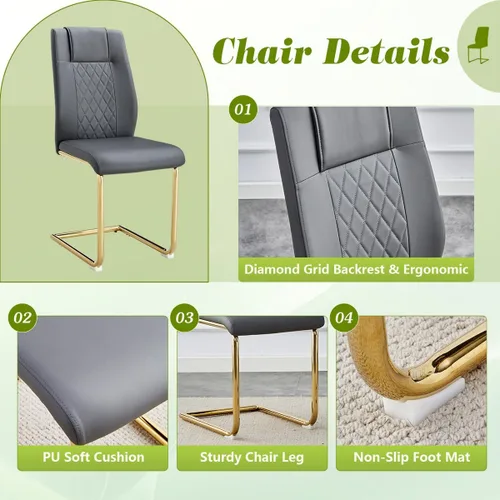 Vista 7 de Juego de mesa de comedor para 4, mesa de comedor de mármol sintético de 63 pulgadas con patas y base de acero inoxidable, sillas acolchadas