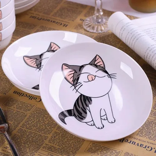 Vista 3 de Juego de 5 platos de cerámica con bonito diseño de gato, platos llanos grandes de porcelana para ensalada de postre de 7.28 pulgadas, platos