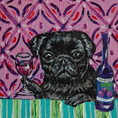 Vista 2 de black Pug at the Wine Bar Dog art tile coaster gift