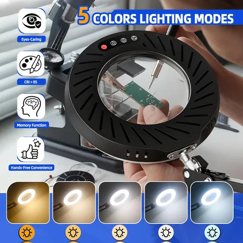 Vista 3 de Akynite 12 lupas con luz y soporte, lámpara de escritorio con lupa de cristal real de 144 LED con base y abrazadera, 5 modos de color, lupa