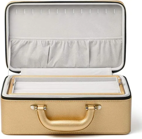 Vista 3 de Oirlv Joyero de cuero dorado hecho a mano organizador de joyas de viaje estuche de almacenamiento para aretes anillos collares dijes relojes