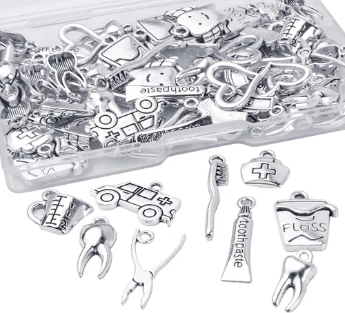 Vista 6 de 72 dijes de dientes saludables de plata antigua, dentista, higienista dental, con una caja, suministros para manualidades, joyería, collares