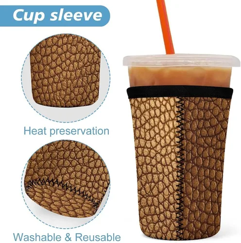 Vista 3 de Golden Leather Texture Reusable Insulated Neoprene Iced Coffee Cup Sleeves 3 Sizes Diving Material Cup Durable Beverage Covers for Cold Coffee Tea