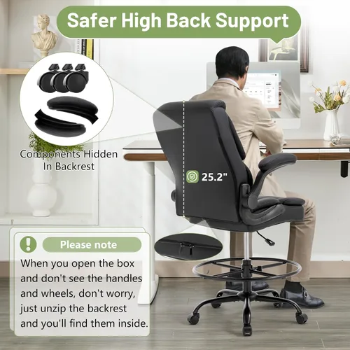 Vista 4 de Silla de Dibujo de 500 LBS, Silla de Escritorio de Pie Más Segura con Respaldo Alto, Silla de Oficina Alta Ejecutiva con Reposabrazos Abatibles