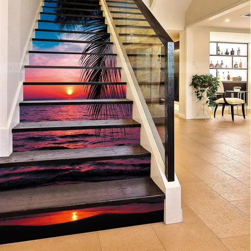 Vista 22 de artfanke 13 piezas de adhesivos 3D de amanecer en la playa - Adhesivos para escalones de pelar y pegar para decoración de hogar y oficina - 39,37" x