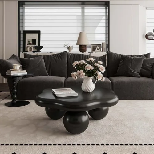 Vista 7 de Mesa de centro moderna de 35 pulgadas, con forma de pétalo, mesa de centro baja, linda mesa de té irregular para interiores con 3 patas de bola