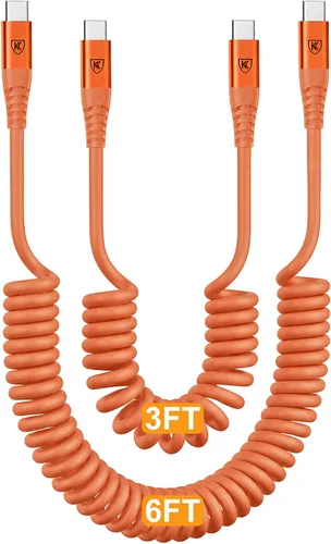 Vista 8 de Cable USB C a C de 3 pies, paquete de 2 cables de carga USB C en espiral para automóvil tipo C, cable de carga rápida para iPhone