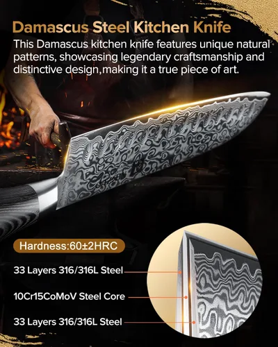 Vista 2 de XINZUO Cuchillo de cocina de 5 piezas, juego de cuchillos de chef profesional de acero de Damasco súper afilado con mango de madera de Pakkawood