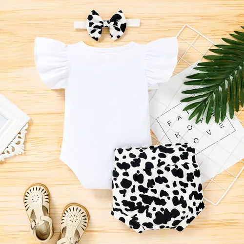 Vista 6 de Conjunto de ropa para bebé niña de 1er cumpleaños con mangas con volantes + pantalones cortos estampados + diadema para tartas