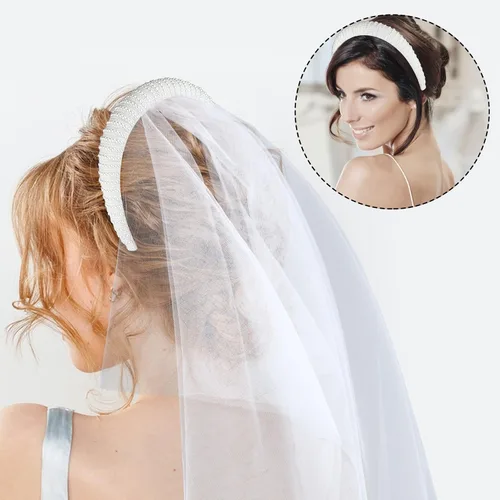 Vista 8 de Yolev Diadema de perlas con velo desmontable para boda, velo de novia, tocado de perlas blancas, decoración de despedida de soltera, regalo