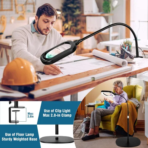 Vista 6 de Lupa grande con luz y soporte, lente de vidrio real óptico rectangular de 10X, lámpara de pie de lupa de cuello de cisne ajustable en altura, 5