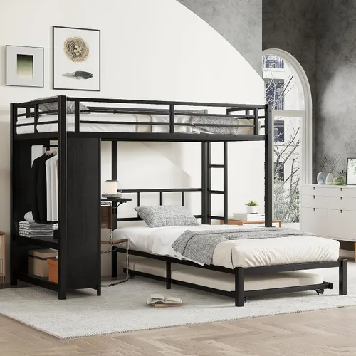 Vista 11 de Full Over Twin Bunk Bed with Trundle and Ladders, Metal Bunk Bed Frame with Built-in Foldable Desk & Wardrobe, Space-Saving Beds for Kids Teens