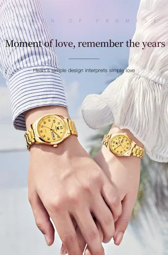 Vista 24 de OLEVS Juego de 2 relojes de cuarzo para parejas de San Valentín, calendario luminoso, ventana de fecha, 3 ATM, impermeable, casual, acero