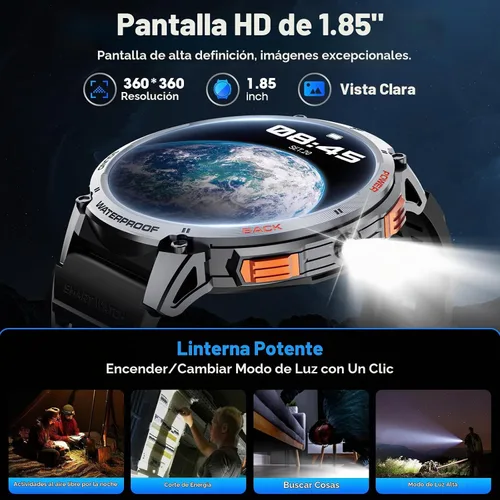 Vista 3 de Reloj Inteligente Militar para Hombres Pantalla Táctil HD de 1.85" Batería de 730mAh Relojes Inteligentes con Linterna LED para Android iOS