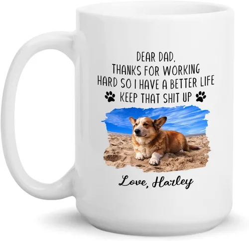 Vista 18 de Taza de café blanca personalizada con foto, con texto en inglés «To The World's Best Dog Dad We Woof You», taza de café blanca de 11 onzas y 15