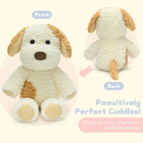 Vista 6 de MorisMos Juego de 2 peluches para perros, juego de juguetes de peluche para cachorros de 11.8 pulgadas, peluches suaves de perro gris y amarillo