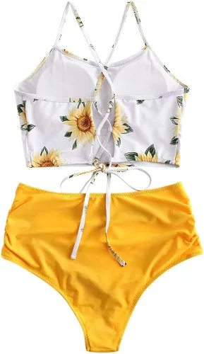 Vista 5 de ZAFUL - Conjunto de bikini de girasol acolchado con cordones y tankini de talle alto