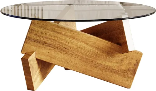 Vista 6 de Honyee Mesa de café redonda moderna, 78 cm x 78 cm x 41 cm con tapa de cristal templado para sala de estar, Color: Madera natural