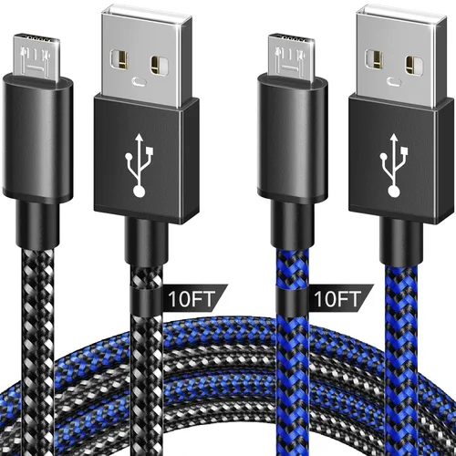 Vista 2 de Cable de carga para controlador PS4 de 10 pies paquete de 2 cables de nailon trenzado extra largo micro USB 20 de alta velocidad compatible