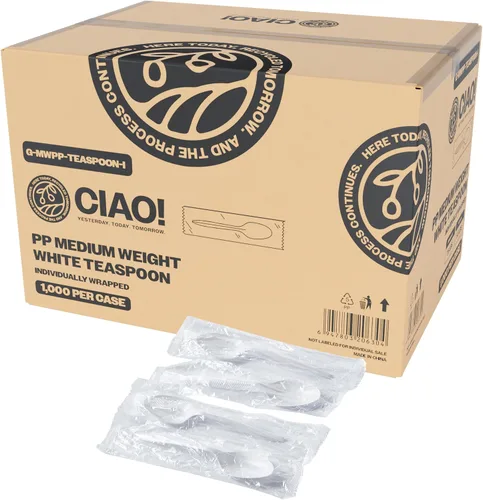 Vista 9 de CIAO! Tenedor blanco desechable de peso medio de 5.8 pulgadas de polipropileno envuelto individualmente (caja de 1000)
