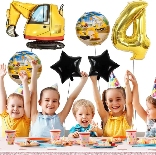 Vista 2 de Globos de construcción para fiesta de 4º cumpleaños, globos de construcción para decoración de 4º cumpleaños, globo de aluminio de excavadora Oro 4