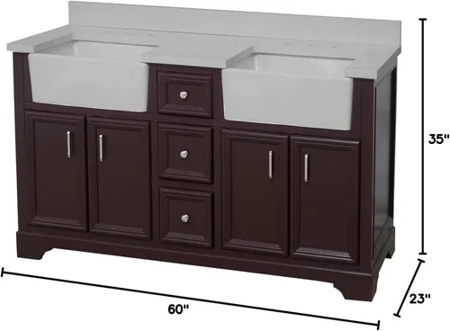 Vista 3 de Kitchen Bath Collection Zelda - Mueble de granja doble de 60 pulgadas (cuarzo/chocolate): incluye gabinete de chocolate con impresionante encimera