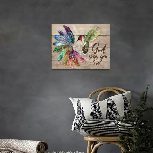 Vista 9 de Arte de pared de colibrí cristiano con texto en inglés "God says you ers", impresiones en lienzo, pintura rústica de pájaros de campo, obras de arte