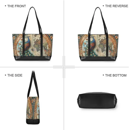 Vista 3 de Vintage Peacock patrón simple mujer trabajo tote bolsa con cremallera bolsa 14 pulgadas para mujeres trabajo con bolso para laptop mujer