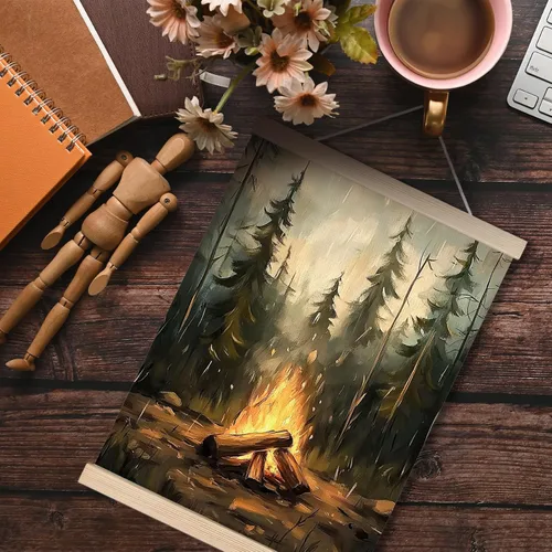 Vista 3 de FITIE Arte de pared para el hogar, bosque rústico, fogata, campamento, arte de pared, paisaje de naturaleza de montaña oscura, escena nocturna
