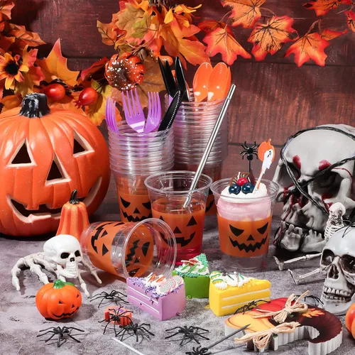 Vista 4 de Meanplan 90 vasos de plástico para fiesta de Halloween de 12 onzas desechables transparentes con estampado aterrador para licor, café, jugo