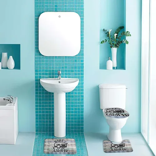 Vista 7 de Syhonic Juego de alfombras de baño de 3 piezas, alfombra de baño Happy Camping, tapete de contorno y funda para asiento de inodoro, tapetes de baño