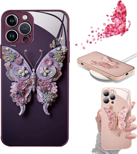 Vista 8 de Funda de vidrio con patrón de mariposa 3D plana compatible con iPhone, funda para teléfono con cubierta de vidrio con patrón de mariposa