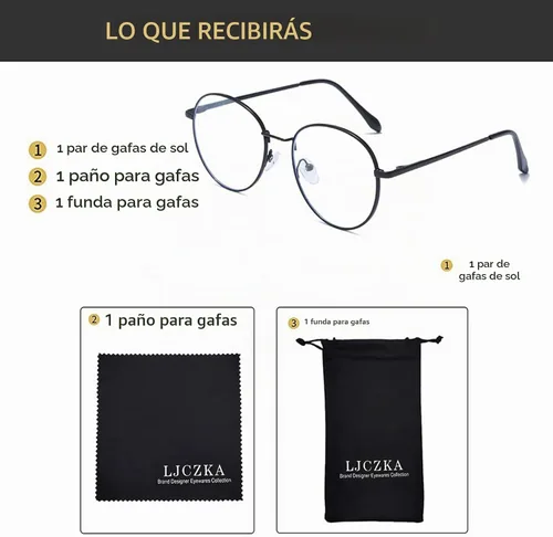 Vista 6 de LJCZKA Round Blue Light Blocking Photochromic Glasses for Women Men Classic Mental Frame Computer Glasses Negro